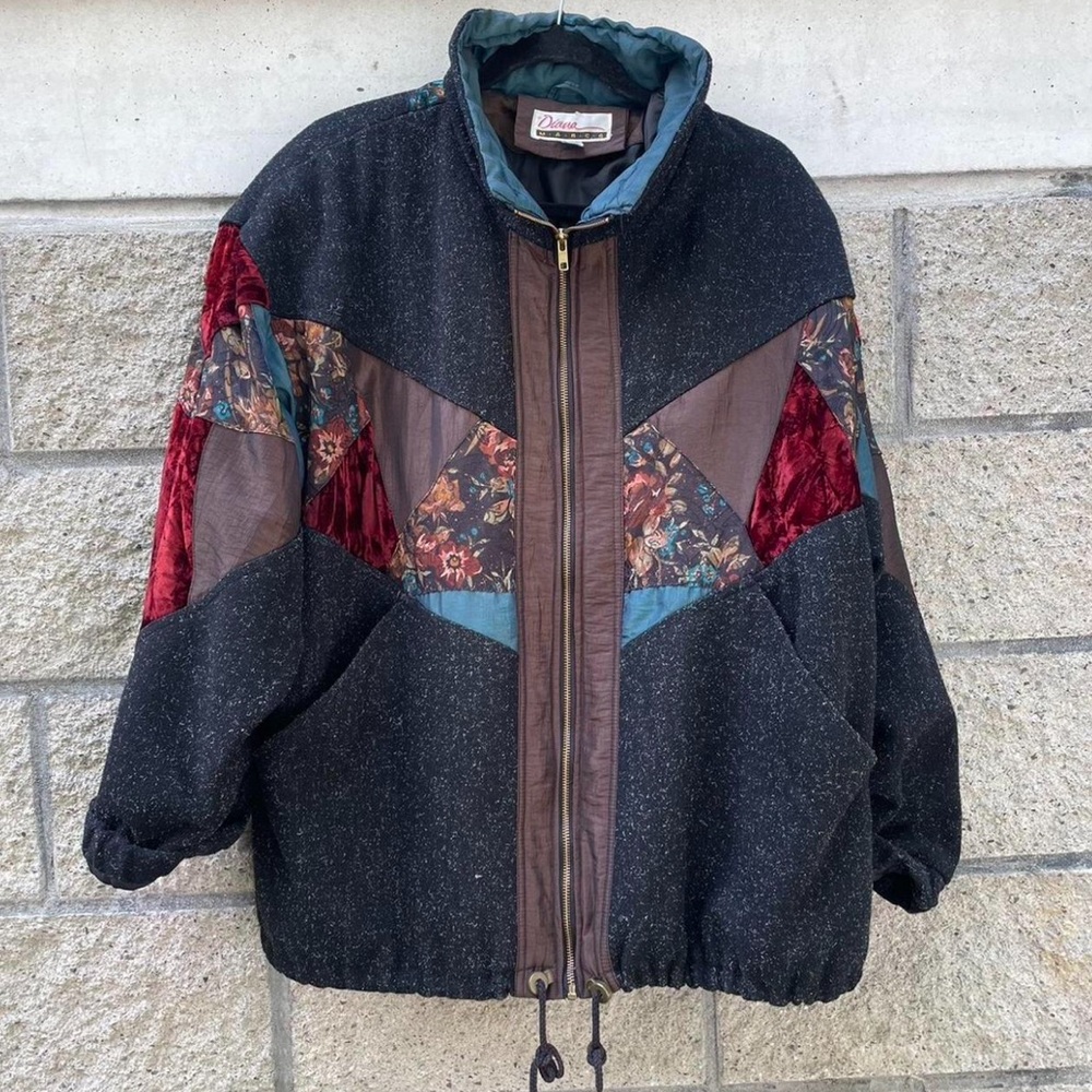 Vintage 80s Diana Marco Patchwork Quilt Coat Jacket Wool & Velvet Texture sz 22